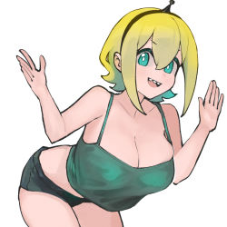 Rule 34 | 1girl, alternate breast size, amano pikamee, antennae, aqua camisole, aqua eyes, bare shoulders, bent over, blonde hair, breasts, bright pupils, camisole, cleavage, collarbone, cowboy shot, dismassd, hair between eyes, hairband, highres, large breasts, looking at viewer, midriff, multicolored hair, outstretched arms, sharp teeth, short shorts, shorts, sidelocks, simple background, skindentation, smile, solo, teeth, two-tone hair, virtual youtuber, voms, white background, white pupils