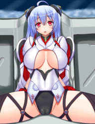Rule 34 | 1girl, armor, asamura hiori, blue hair, breasts, cameltoe, cleft of venus, groin, hair ornament, large breasts, leotard, light blue hair, matoi (pso2), mikoto cluster, no bra, open mouth, phantasy star, phantasy star online, phantasy star online 2, red eyes, sitting, solo, spread legs, twintails, underboob