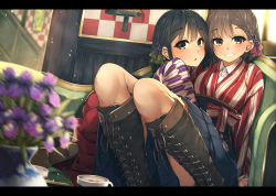 Rule 34 | 2girls, :o, absurdres, arm support, bad id, bad pixiv id, black hair, blue hakama, blurry, blurry background, blurry foreground, blush, boots, braid, breasts, brown eyes, brown footwear, brown hair, checkered wall, collared shirt, comiket 94, commentary request, couch, cross-laced footwear, depth of field, dress shirt, flower, green eyes, hair between eyes, hair ornament, hakama, hakama short skirt, hakama skirt, highres, huge filesize, indoors, japanese clothes, kimono, knee boots, lace-up boots, layered clothes, letterboxed, looking at viewer, medium breasts, multiple girls, on couch, original, parted lips, purple flower, red hakama, rerrere, shirt, sitting, skirt, vase, white shirt, yagasuri