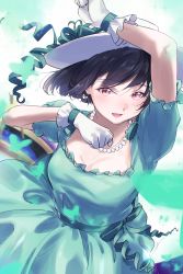 Rule 34 | 1girl, arm up, black hair, dress, emotion (love live!), fang, gloves, green dress, hat, highres, jewelry, kuziaaizuk, love live!, mifune shioriko, necklace, pearl necklace, puffy short sleeves, puffy sleeves, red eyes, short hair, short sleeves, solo, upper body, white gloves, white hat