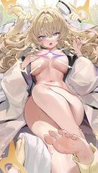 Rule 34 | :o, barefoot, blonde hair, blue eyes, breasts, crown (naked king) (nikke), crown (nikke), diadem, disembodied hand, drill hair, feet, goddess of victory: nikke, hair brush, hair ornament, headgear, holding, holding own hair, large breasts, long hair, mendou kusai, midriff, navel, open clothes, open mouth, open shirt, shirt, thighs, white shirt