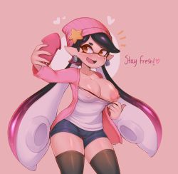 Rule 34 | 1girl, beanie, blush, breasts, callie (splatoon), cleavage, clothes pull, collarbone, denim, denim shorts, earrings, flashing, hair ornament, hat, heart, highres, inkling player character, jacket, jewelry, large areolae, large breasts, negitivess, nervous smile, nintendo, nipple slip, nipples, phone, pink background, pointy ears, selfie, shirt, shirt pull, short shorts, shorts, smile, solo, splatoon (series), squid girl, star (symbol), star hair ornament, tentacle hair, thighhighs, thighs, white shirt, yellow eyes