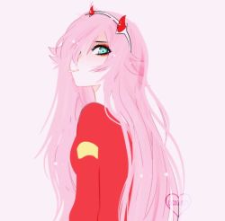 Rule 34 | 1girl, artist name, breasts, candy, commentary, darling in the franxx, english commentary, food, from side, green eyes, hair over one eye, hairband, highres, horns, lollipop, long hair, long sleeves, looking at viewer, looking to the side, lucidghosty, messy hair, oni horns, pink hair, red horns, simple background, solo, upper body, watermark, white background, white hairband, zero two (darling in the franxx)