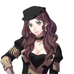 Rule 34 | 1girl, breasts, brown hair, cleavage, dorothea arnault, fire emblem, fire emblem: three houses, green eyes, kurahana chinatsu, large breasts, long hair, looking at viewer, nintendo, official art, simple background, smile, solo, transparent background, uniform, white background