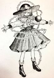 Rule 34 | 1girl, adapted costume, belt, boots, capelet, flower, full body, greyscale, hair between eyes, hat, hat flower, highres, jewelry, komeiji koishi, long sleeves, looking at viewer, mashimashi, monochrome, outstretched arms, parted lips, ring, rose, scan, shirt, skirt, solo, standing, third eye, thorns, touhou, traditional media