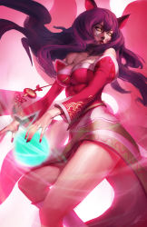 Rule 34 | 1girl, ahri (league of legends), animal ears, bare shoulders, breasts, detached sleeves, facial mark, fox, fox ears, fox tail, highres, large breasts, league of legends, long hair, magic, matt lau, multiple tails, solo, tail, whisker markings, wind, yellow eyes