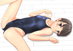 Rule 34 | 1girl, absurdres, black eyes, black hair, blue one-piece swimsuit, breasts, collarbone, competition swimsuit, covered navel, feet out of frame, highleg, highleg swimsuit, highres, logo, looking at viewer, lying, mizuno (brand), one-piece swimsuit, original, parted lips, short hair, small breasts, solo, spread legs, swimsuit, takafumi