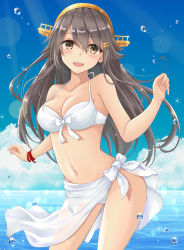 Rule 34 | 1girl, absurdres, armpits, bare shoulders, bikini, black hair, blush, breasts, brown eyes, cleavage, collarbone, cowboy shot, day, eyes visible through hair, floating hair, gensoukitan, groin, hair ornament, hairband, hairclip, hands up, haruna (kancolle), highres, kantai collection, large breasts, light particles, long hair, looking at viewer, navel, ocean, open mouth, outdoors, sarong, sidelocks, smile, solo, sparkle, stomach, swimsuit, thighs, water drop, white bikini, white sarong, wristband