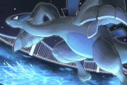 Rule 34 | absurdres, blue eyes, bridge, closed mouth, commentary request, creatures (company), dated, flying, from side, game freak, gen 2 pokemon, highres, katkichi, legendary pokemon, lugia, night, nintendo, no humans, outdoors, pokemon, pokemon (creature), signature, sky, solo, water