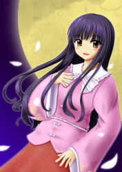 Rule 34 | 1girl, black hair, blue background, blush, bow, brown eyes, dutch angle, full moon, gradient background, hand on own chest, highres, houraisan kaguya, japanese clothes, kazuki ena, long hair, long sleeves, looking at viewer, md5 mismatch, moon, open mouth, petals, resolution mismatch, solo, source smaller, touhou