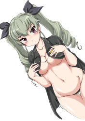 Rule 34 | 1girl, anchovy (girls und panzer), black cape, black panties, black ribbon, blush, breasts, cape, cleavage, closed mouth, collarbone, cowboy shot, dress, drill hair, frown, girls und panzer, grey hair, groin, hair ribbon, hands on own chest, highres, long hair, looking at viewer, medium breasts, navel, no bra, nose blush, panties, red eyes, ribbon, side-tie panties, simple background, solo, standing, thigh gap, twin drills, twintails, underboob, underwear, wan&#039;yan aguda, white background
