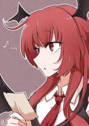 Rule 34 | :o, absurdres, bat wings, black vest, collared shirt, dated, eighth note, eyelashes, grey background, hair between eyes, head wings, highres, holding, holding paper, koakuma, musical note, necktie, outline, paper, red eyes, red hair, red necktie, scavia10, shirt, sidelocks, simple background, slit pupils, touhou, upper body, vest, white outline, white shirt, wings