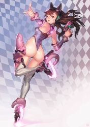 Rule 34 | 1girl, :p, animal ears, ass, bare shoulders, breasts, brown eyes, brown hair, cat ears, checkered background, d.va (overwatch), facial mark, gun, handgun, headphones, highres, hip focus, instant ip, leg lift, leotard, long hair, looking at viewer, matching hair/eyes, one eye closed, overwatch, overwatch 1, pistol, pointing, solo, thighhighs, thighs, thong leotard, tongue, tongue out, weapon, white thighhighs
