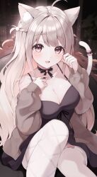 Rule 34 | 1girl, ahoge, animal ears, bare shoulders, black choker, black dress, blush, breasts, brown jacket, cat ears, cat girl, cat tail, choker, cleavage, collarbone, commentary, dress, fang, hand on own chest, highres, indie virtual youtuber, jacket, light brown hair, long hair, long sleeves, looking at viewer, medium breasts, mole, mole under eye, off shoulder, open clothes, open jacket, skin fang, smile, solo, spaghetti strap, symbol-only commentary, tail, tail garter, tyabesu, uise iu, virtual youtuber