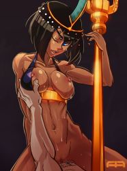 Rule 34 | 1boy, 1girl, andava, black hair, blue eyes, bob cut, bottomless, grabbing another&#039;s breast, breasts, cowgirl position, dark-skinned female, dark nipples, dark skin, egyptian, egyptian clothes, eliza (skullgirls), eyebrows, girl on top, grabbing, halterneck, hetero, highres, interracial, large breasts, looking at viewer, navel, nipples, one breast out, one eye closed, penis, pov, pussy, sex, short hair, skullgirls, solo focus, staff, straddling, sweat, tiara, uncensored, vaginal