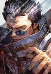 Rule 34 | 1boy, auron, black hair, coat, dappled sunlight, facial hair, final fantasy, final fantasy x, forehead, hungry clicker, lips, male focus, one eye closed, red coat, short hair, solo, spiked hair, square enix, stubble, sunglasses, sunlight, traditional media, upper body