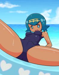 Rule 34 | 1girl, artist request, blue eyes, blue hair, blue one-piece swimsuit, blue sky, blush, breasts, covered navel, creatures (company), dark-skinned female, dark skin, day, female focus, game freak, heart, innertube, lana (pokemon), looking at viewer, navel, nintendo, ocean, one-piece swimsuit, outdoors, pokemon, pokemon sm, pov, short hair, sky, small breasts, solo, spread legs, swim ring, swimsuit, tan, trial captain, water, wet
