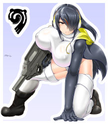 Rule 34 | 10s, 1girl, arm support, black hair, breast rest, breasts, brown eyes, bullpup, covered erect nipples, covered navel, czn-m22, emperor penguin (kemono friends), ghost in the shell, gun, hair over one eye, headphones, highleg, highres, holding, holding gun, holding weapon, hood, hoodie, huge breasts, japari symbol, kemono friends, kneeling, legs, leotard, long hair, looking at viewer, multicolored hair, open clothes, parody, rifle, saizu nitou gunsou, solo, submachine gun, suppressor, thighhighs, thighs, weapon, white leotard, white thighhighs