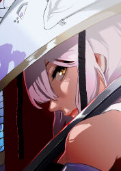 Rule 34 | 1girl, absurdres, armor, bare shoulders, blade, from side, goddess of victory: nikke, grey hair, hair between eyes, hat, highres, japanese armor, jingasa, large hat, lips, long hair, looking at viewer, looking to the side, mus (tfwwyltcisr), nose, over shoulder, profile, red lips, scarlet (nikke), serious, shoulder armor, sode, solo, sword, weapon, weapon over shoulder, yellow eyes
