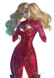 Rule 34 | 1girl, absurdres, blonde hair, blue eyes, bodysuit, breasts, cleavage, cleavage cutout, clothing cutout, floating hair, gloves, hair ornament, hairclip, highres, long hair, looking at viewer, medium breasts, parted bangs, parted lips, persona, persona 5, pink gloves, red bodysuit, simple background, solo, standing, steklowataa, takamaki anne, white background