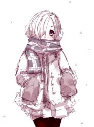 Rule 34 | 1girl, bad id, bad twitter id, blush, coat, covered mouth, cowboy shot, derivative work, earmuffs, hair over one eye, hands in opposite sleeves, idolmaster, idolmaster cinderella girls, long sleeves, looking at viewer, one eye covered, scarf, scarf over mouth, shirasaka koume, short hair, simple background, solo, soubi, standing, white background, winter clothes, winter coat