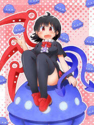 Rule 34 | 1girl, ahoge, asymmetrical wings, black dress, black hair, blue wings, blush, bow, bowtie, breasts, buttons, center frills, commentary request, dress, fang, footwear bow, frilled dress, frills, full body, highres, houjuu nue, loafers, looking at viewer, matty (zuwzi), medium breasts, nue day, open mouth, outline, panties, pantyshot, pink background, polka dot, polka dot background, red bow, red bowtie, red eyes, red footwear, red wings, shoes, short dress, short hair, short sleeves, sitting, smile, solo, thighhighs, tomoe (symbol), touhou, ufo, underwear, white outline, white panties, wings