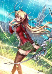 Rule 34 | 1girl, adsouto, alisa reinford, artist name, blonde hair, boots, bow (weapon), breasts, brown footwear, closed mouth, day, dutch angle, eiyuu densetsu, falcom, feather hair ornament, feathers, floating hair, from side, green skirt, hair between eyes, hair ornament, highres, holding, holding bow (weapon), holding weapon, jacket, leaning forward, long hair, long sleeves, looking at viewer, medium breasts, miniskirt, outdoors, plaid, plaid skirt, pleated skirt, red eyes, red jacket, sen no kiseki, skirt, smile, solo, standing, thigh boots, thighhighs, twintails, very long hair, weapon, white feathers, zettai ryouiki