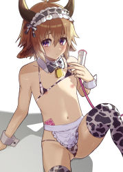 Rule 34 | 1boy, absurdres, ahoge, animal ears, animal print, arknights, bad id, bad pixiv id, bell, bikini, bikini top lift, bison (arknights), blush, breast pump, brown hair, bulge, clothes lift, condom, condom wrapper, cow boy, cow ears, cow horns, cow print, crossdressing, detached collar, hair between eyes, hairband, highres, horns, lolita hairband, looking at viewer, male focus, milking machine, navel, neck bell, nipples, purple eyes, simple background, solo, swimsuit, thighhighs, trap, white background, wrist cuffs, yoruhachi