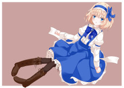 Rule 34 | 1girl, alice margatroid, alice margatroid (pc-98), black pantyhose, blonde hair, blue eyes, boots, bow, brooch, cross-laced footwear, hair bow, hair ribbon, hairband, jewelry, long sleeves, nanatuki13, open mouth, pantyhose, ribbon, shirt, short hair, skirt, smile, solo, suspenders, touhou, touhou (pc-98)
