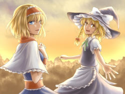 Rule 34 | 2girls, alice margatroid, apron, beckoning, blonde hair, blue eyes, braid, capelet, hairband, hat, kirisame marisa, lace, lace-trimmed apron, lace-trimmed ribbon, lace trim, light smile, lolita hairband, multiple girls, nip to chip, own hands together, ribbon, short hair, side braid, sunset, touhou, witch hat, yellow eyes