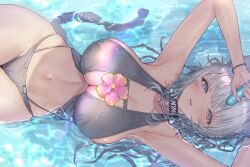 1girl afloat animal_ears armpits arms_up between_breasts bikini breasts cat_ears cat_girl cat_tail choker cleavage curvy dripping flower highres hitowa large_breasts looking_at_viewer lying navel on_back original purple_eyes skindentation smile solo swimsuit tail thick_thighs thighs water wet white_hair