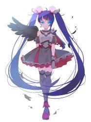 Rule 34 | absurdres, ankle boots, black wings, blue cape, blue eyes, blue hair, boots, bow, brooch, cape, closed mouth, commentary, corruption, cure sky, cut bangs, dark persona, detached sleeves, dress, dress bow, earclip, earrings, feathered wings, fingerless gloves, frilled dress, frills, frown, gloves, glowing, glowing eyes, grey dress, grey footwear, grey gloves, grey thighhighs, highres, hirogaru sky! precure, jewelry, lilylily0601, long hair, magical girl, multicolored hair, precure, puffy detached sleeves, puffy sleeves, red cape, red dress, red hair, short dress, simple background, single earring, single sidelock, single wing, sleeveless, sleeveless dress, sora harewataru, spiked pauldrons, streaked hair, thighhighs, torn cape, torn clothes, twintails, two-sided cape, two-sided fabric, two-tone dress, two-tone hair, very long hair, white background, wing brooch, wings