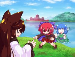 Rule 34 | 3girls, animal ears, black footwear, black shirt, blouse, blue bow, blue hair, blue sky, bow, brown hair, commentary request, day, drill hair, fang, fins, grass, green kimono, hair bow, head fins, imaizumi kagerou, isu (is88), japanese clothes, kimono, leaning forward, long hair, long sleeves, mermaid, miniskirt, monster girl, multiple girls, nature, obi, outdoors, partially submerged, pleated skirt, red eyes, red hair, red skirt, sash, scarlet devil mansion, sekibanki, shirt, shoes, short hair, skirt, sky, smile, solid circle eyes, sweatdrop, touhou, wakasagihime, water, werewolf, white shirt, wide sleeves, wolf ears