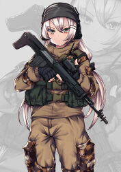 Rule 34 | 1girl, ammunition pouch, beanie, black gloves, brown jacket, brown pants, buckle, bullpup, camouflage, camouflage jacket, camouflage pants, chest rig, closed mouth, commentary, cowboy shot, dragunov svu, fatigues, fingerless gloves, girls&#039; frontline, gloves, gorka, gradient hair, grey background, grey hair, grey hat, gun, hair between eyes, hair ornament, hairclip, hat, headset, holding, holding gun, holding weapon, jacket, light frown, long bangs, long hair, long sleeves, looking at viewer, military jacket, military operator, multicolored clothes, multicolored hair, multicolored jacket, multicolored pants, pants, persocon93, pouch, rainbow six siege, rifle, russian commentary, scope, snap-fit buckle, sniper rifle, solo, suppressor, svd (girls&#039; frontline), tsurime, uniform, walkie-talkie, weapon, white hair, yellow eyes, zoom layer