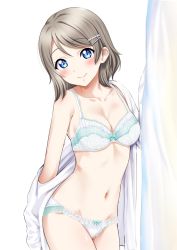 Rule 34 | 1girl, blue eyes, breasts, cleavage, cowboy shot, lingerie, love live!, love live! sunshine!!, medium breasts, navel, sankuro (agoitei), simple background, smile, solo, underwear, underwear only, watanabe you, white background