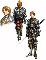 Rule 34 | 1boy, absurdres, armor, blonde hair, blue eyes, breasts, close-up, from behind, full armor, highres, holding, holding weapon, lawfer, looking at viewer, male focus, official art, orange hair, parted lips, polearm, scabbard, sheath, short hair, simple background, smile, solo, spear, sword, unsheathed, valkyrie profile (series), weapon, white background, yoshinari you