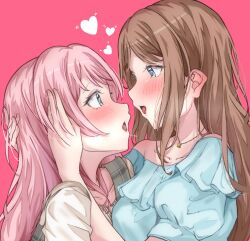 Rule 34 | 2girls, after kiss, bang dream!, bang dream! it&#039;s mygo!!!!!, blue dress, blue eyes, blush, brown hair, chihaya anon, commentary, dress, extreme yuri buta, eye contact, grey eyes, hands on another&#039;s head, heart, highres, hug, jewelry, long hair, looking at another, multiple girls, nagasaki soyo, necklace, off-shoulder dress, off shoulder, open mouth, pink background, pink hair, saliva, saliva trail, simple background, star (symbol), star necklace, tongue, upper body, yuri