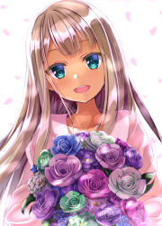 Rule 34 | 1girl, :d, alessandra susu, bad id, bad pixiv id, blonde hair, blue eyes, blush, bouquet, cherry blossoms, flower, head tilt, long hair, looking at viewer, open mouth, petals, pink shirt, ringed eyes, rurukuru, shirt, smile, solo, tan, tokyo 7th sisters, upper body, white background