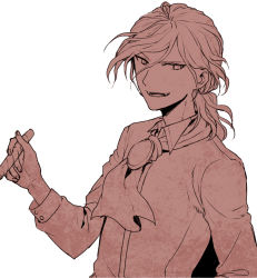 Rule 34 | 1boy, collared shirt, edmond dantes (fate), fangs, fate/grand order, fate (series), hand up, holding, long sleeves, looking at viewer, male focus, monochrome, parted lips, ponytail, shirt, simple background, smile, solo, upper body, uraha, wavy hair, white background