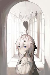 Rule 34 | 1girl, 1other, absurdres, ahoge, black bow, bow, braid, chandelier, closed mouth, dress, hair bow, highres, indoors, long hair, looking at viewer, msx (mis4xi), nightgown, original, solo, very long hair, white dress, white nightgown, white theme, window