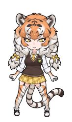 Rule 34 | 1girl, animal ears, cardigan, extra ears, gloves, highres, kemono friends, kneehighs, long hair, looking at viewer, necktie, official art, open mouth, orange hair, ribbon, shirt, shoes, siberian tiger (kemono friends), simple background, skirt, socks, solo, tachi-e, tail, tiger ears, tiger girl, tiger tail, twintails, yellow eyes, yoshizaki mine