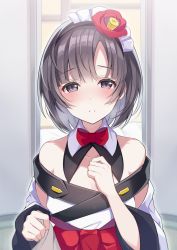 Rule 34 | 1girl, bare shoulders, black hair, blurry, blurry background, bow, bowtie, breasts, clothing request, collarbone, colored inner hair, commentary request, detached collar, door, flower, foreshortening, grey hair, hair flower, hair ornament, hand up, highres, indoors, jacket, long sleeves, maid headdress, medium breasts, multicolored hair, obi, original, parted lips, red bow, red bowtie, red flower, ringozaka mariko, sash, short hair, solo, teeth, upper body