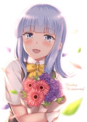 Rule 34 | 1girl, blue eyes, blue hair, blunt bangs, blush, bow, bowtie, dress, flower, gloves, hatsukaze (kancolle), holding, holding flower, kantai collection, looking at viewer, open mouth, piyobomu, simple background, solo, vest, white background, yellow bow, yellow bowtie