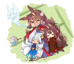 Rule 34 | &gt; &lt;, 3girls, akagi (azur lane), alternate costume, amagi (azur lane), animal ears, azur lane, blunt bangs, blush, brown hair, commentary request, fox ears, fox girl, fox tail, from above, giving up the ghost, hair ornament, hair tubes, hand fan, hot, japanese clothes, kaga (azur lane), kitsune, kyuubi, long hair, long sleeves, lying, multiple girls, multiple tails, open mouth, pleated skirt, putimaxi, short hair, sidelocks, skirt, sleeping, sleeping on person, steam, sweat, tail, tatami, thick eyebrows, wavy mouth, white hair, wide sleeves