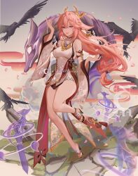 1girl animal_ears bare_legs bird breasts cherry_blossoms commentary crossed_bangs crow detached_sleeves earrings fox_ears genshin_impact gradient_background hair_between_eyes highres japanese_clothes jewelry long_hair low-tied_long_hair nevercrymoon pink_hair purple_eyes sideboob wide_sleeves yae_miko