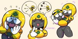Rule 34 | 1girl, :3, :d, ass, black skin, blonde hair, blush, blush stickers, breasts, colored skin, commentary, gloves, highres, humanization, looking at another, looking at viewer, met (mega man), multiple views, open mouth, penis awe, penis shadow, rariatto (ganguri), mega man (series), mega man (classic), short hair, smile, standing, thought bubble, white gloves