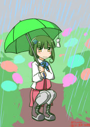 Rule 34 | 172cm, blouse, blue bow, blue bowtie, blunt bangs, blush, boots, bow, bowtie, braid, collared shirt, cross-laced footwear, dress, frown, green hair, green umbrella, grey pantyhose, hair ornament, highres, holding, holding umbrella, kantai collection, lace-up boots, long sleeves, looking at viewer, pantyhose, rain, shirt, short hair, side braid, solo, squatting, tagme, takanami (kancolle), tearing up, tears, teruterubouzu, twitter username, umbrella, wavy mouth, white shirt, yellow eyes