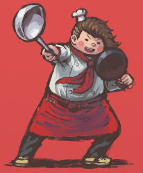 Rule 34 | 1boy, :d, apron, blush stickers, brown hair, buttons, chef hat, commentary request, contrapposto, danganronpa (series), danganronpa 2: goodbye despair, double-breasted, frying pan, hanamura teruteru, hat, holding, holding frying pan, holding ladle, ladle, looking at viewer, male focus, namu (nurui cha), neckerchief, open mouth, pants, red apron, red background, red neckerchief, shoes, short hair, simple background, smile, solid oval eyes, solo, standing, teeth, upper teeth only, v-shaped eyebrows