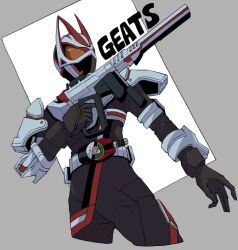 Rule 34 | 1boy, animal ears, armor, armored boots, boots, character name, cropped legs, desire driver, fox ears, gauntlets, grey background, gun, helm, helmet, highres, holding, holding gun, holding weapon, kamen rider, kamen rider geats, kamen rider geats (series), magnum boost, magnum shooter 40x, orange armor, solo, tiri bani, tokusatsu, weapon, white armor, white background