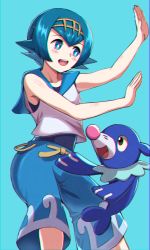 Rule 34 | 1girl, :d, asada yo, blue background, blue eyes, blue hair, blue pants, blue sailor collar, blush, collared shirt, creatures (company), game freak, gen 7 pokemon, hair between eyes, hairband, highres, lana (pokemon), nintendo, open mouth, pants, pokemon, pokemon (anime), pokemon (creature), pokemon sm (anime), popplio, sailor collar, sailor shirt, shiny skin, shirt, short hair, simple background, sleeveless, sleeveless shirt, smile, standing, white shirt